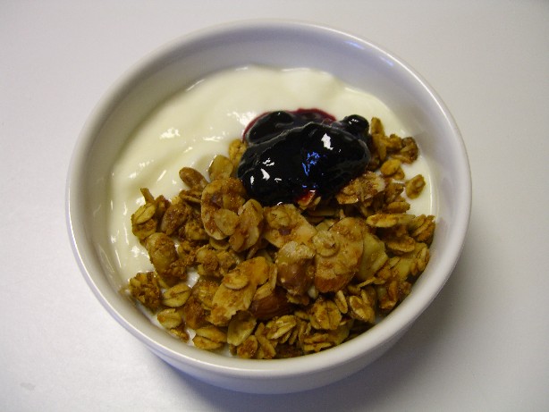 My Great Granola with homemade plain yogurt and a dab of blueberry preserves. Mmmm!
