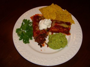 Beef and bean enchiladas and guacamole!
