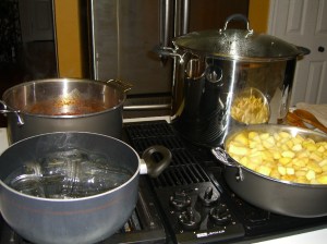 canning station1 Canning Station: Jars and lids in hot water, simmering tomato sauce, boiling water and simmering apples