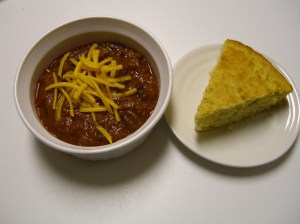 Bull burger chili and corn bread